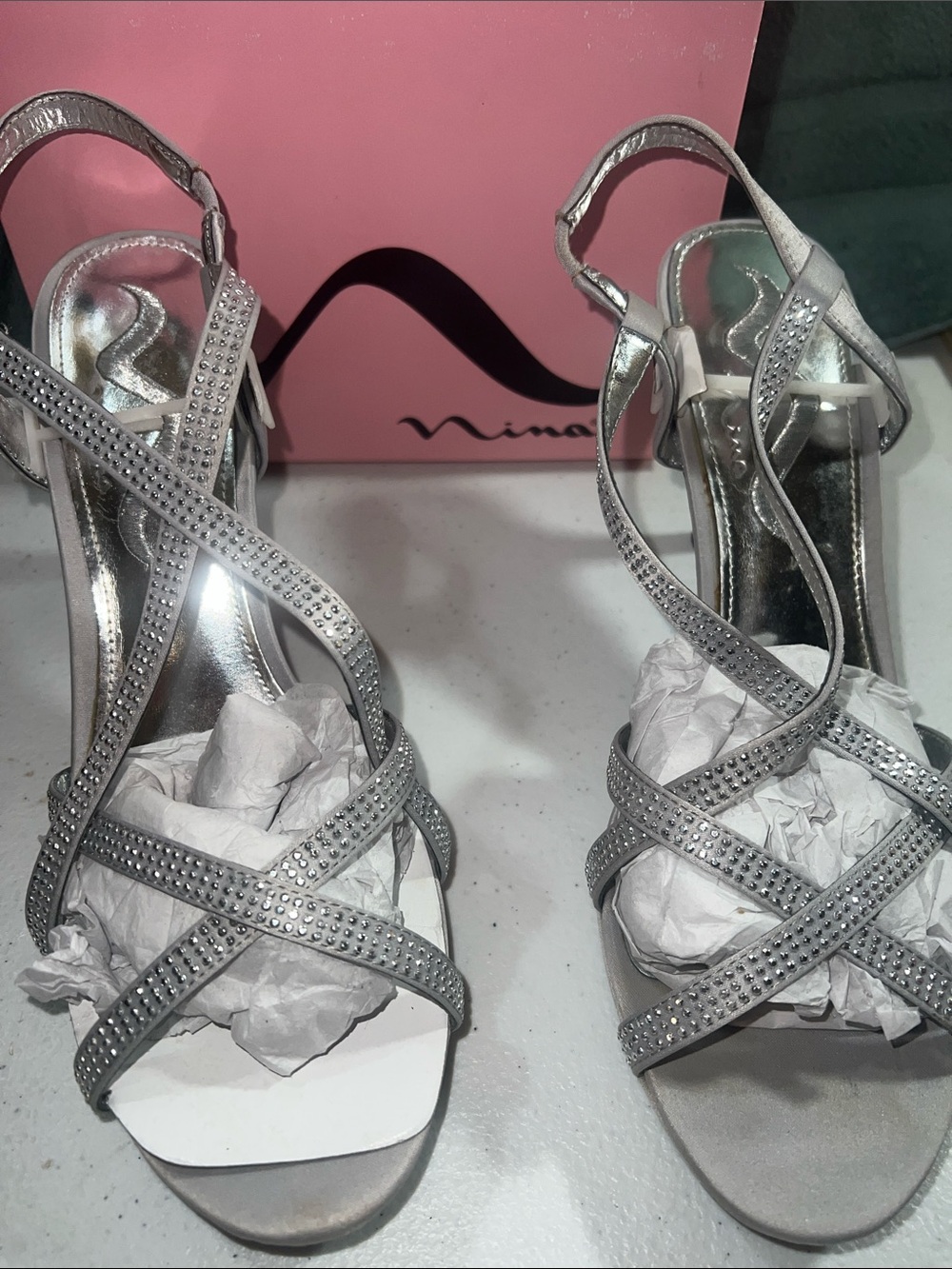 Nina Silver Rhinestone Crisscross Strappy Heels